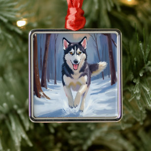 Siberian Husky   Dog Painting Winter Metal Tree Decoration