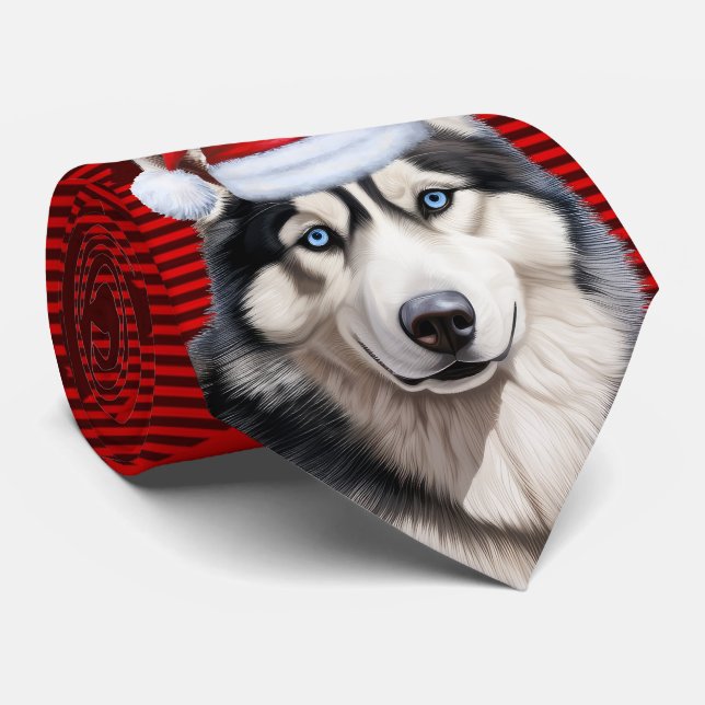 Siberian Husky Dog Red Buffalo Plaid Christmas Tie (Rolled)