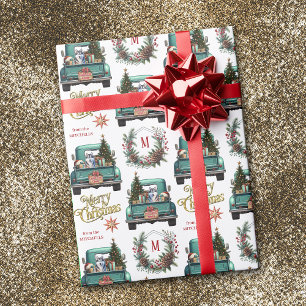 Siberian Husky Dog Retro Truck Monogram Christmas Wrapping Paper