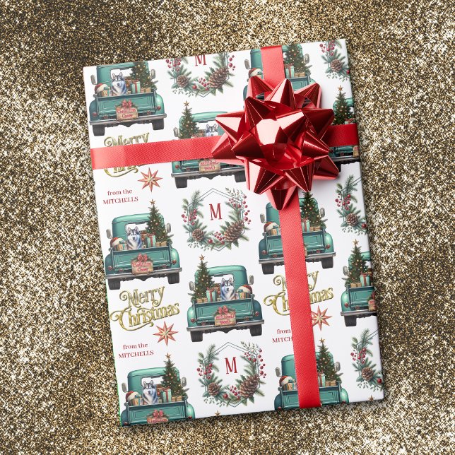 Siberian Husky Dog Retro Truck Monogram Christmas Wrapping Paper (Creator Uploaded)