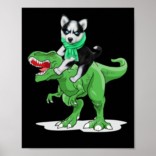 Siberian Husky Dog Riding Dinosaur Cool Halloween Poster (Front)