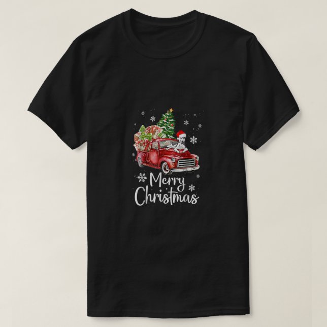Siberian Husky Dog Riding Red Truck Christmas Tree T-Shirt (Design Front)