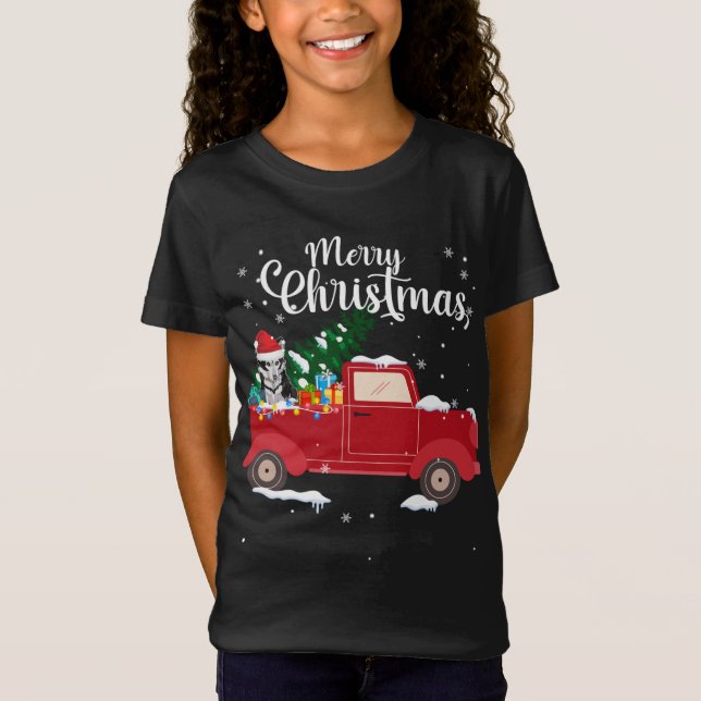 Siberian Husky Dog Riding Red Truck Christmas Xmas T-Shirt (Front)
