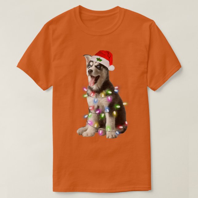 Siberian Husky dog Santa Christmas Tree Lights Xma T-Shirt (Design Front)