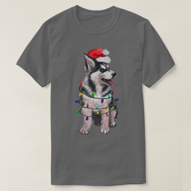 Siberian Husky Dog Santa Hat Christmas Tree Lights T-Shirt (Design Front)