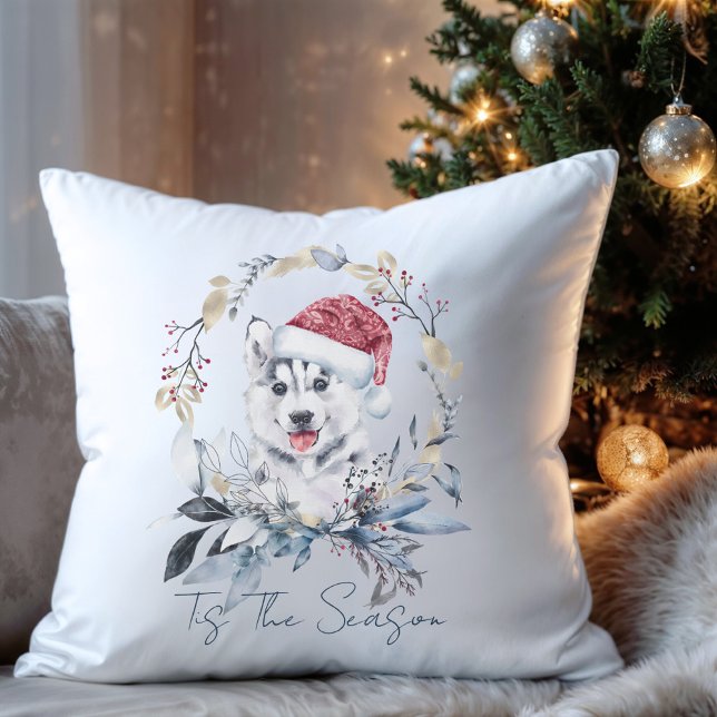 Siberian Husky Dog Santa Hat Wreath Holiday Cushion (Creator Uploaded)