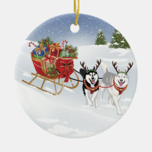 Siberian Husky Dog Sledding With Christmas Sleigh! Ceramic Tree Decoration