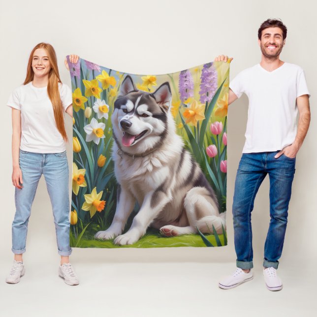 Siberian Husky Dog Spring Flowers Painting Fleece Blanket (In Situ)