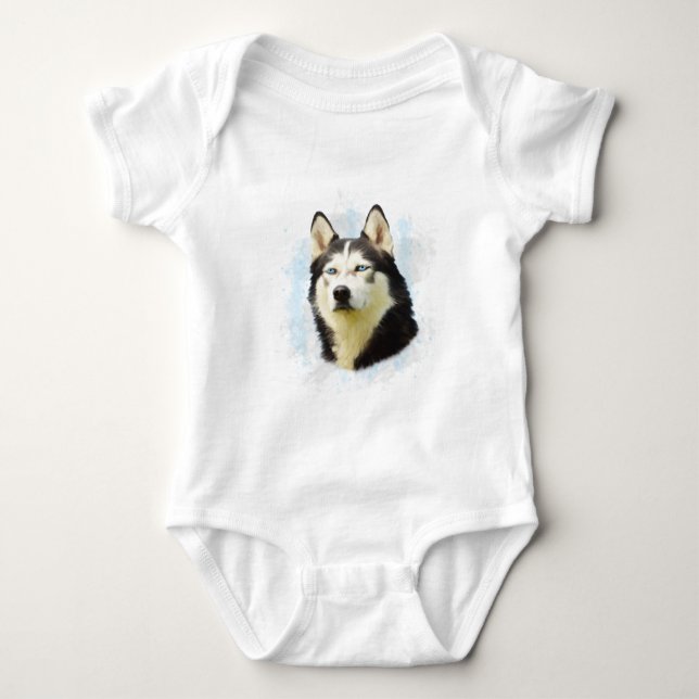 Siberian Husky Dog Water Colour Art Painting Baby Bodysuit (Front)