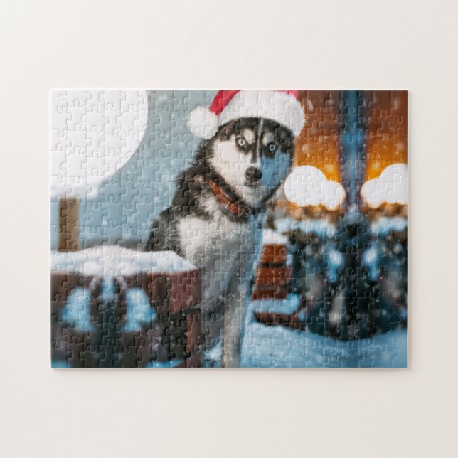 Siberian Husky dog wearing santa hat Jigsaw Puzzle (Horizontal)