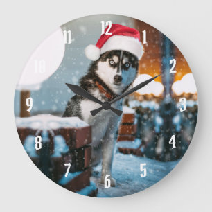 Siberian Husky dog wearing santa hat Large Clock
