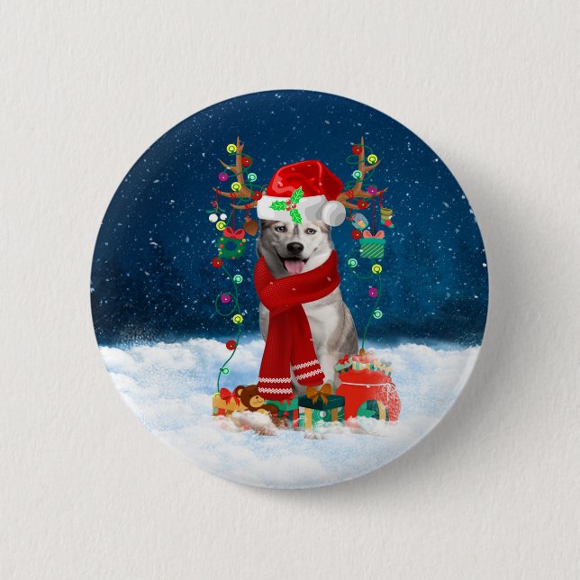 Siberian Husky dog with Christmas gifts  6 Cm Round Badge (Front)