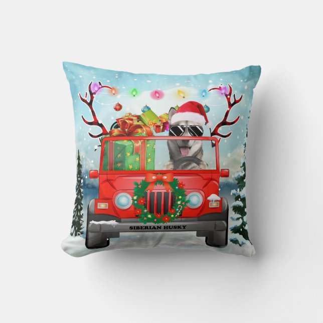 Siberian Husky dog with Christmas gifts Cushion (Front)