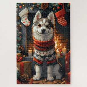 Siberian Husky Dog With Christmas Gifts Fireplace Jigsaw Puzzle