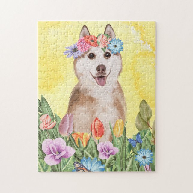 Siberian Husky Dog with Flowers Spring Jigsaw Puzzle (Vertical)