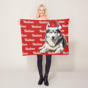 Siberian Husky Dog with Name Patterned Christmas Fleece Blanket