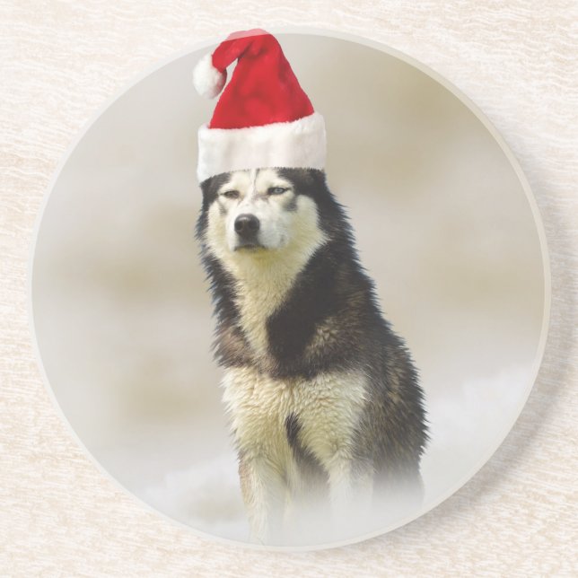 Siberian Husky Dog with Santa Hat in Snow Coaster (Front)