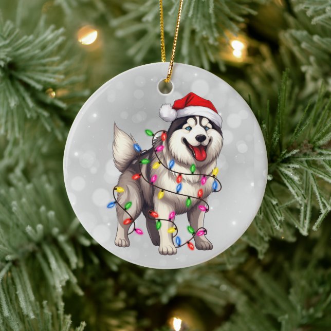 Siberian Husky Dog Wrapped in Christmas Lights  Ceramic Tree Decoration (Tree)