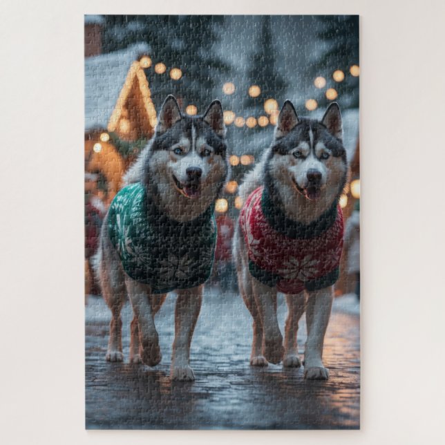 Siberian Husky Dogs Christmas Snow Holiday  Jigsaw Puzzle (Vertical)
