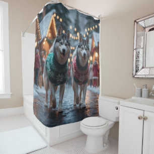 Siberian Husky Dogs Christmas Snow Holiday  Shower Curtain
