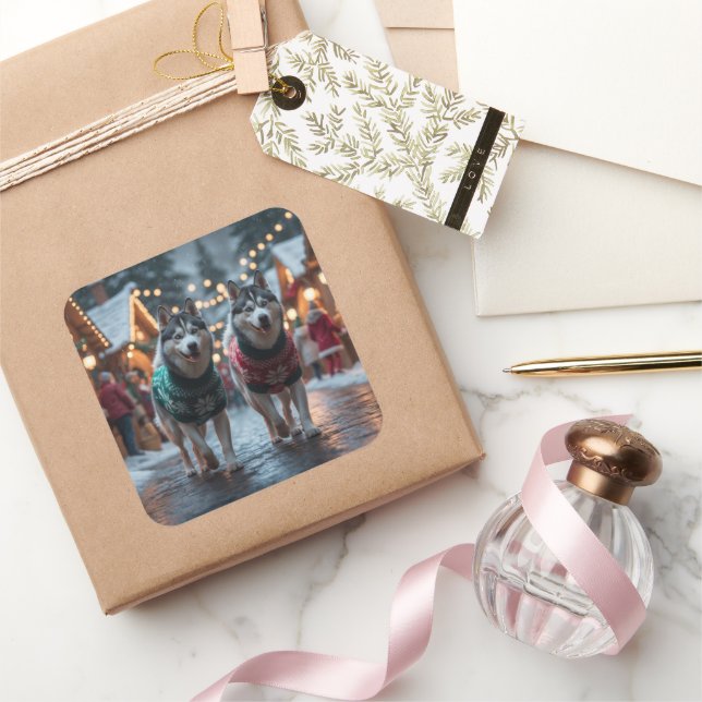 Siberian Husky Dogs Christmas Snow Holiday  Square Sticker (Gifting)