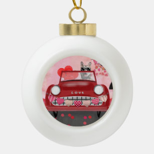 Siberian Husky Driving Car with Hearts Valentine's Ceramic Ball Christmas Ornament