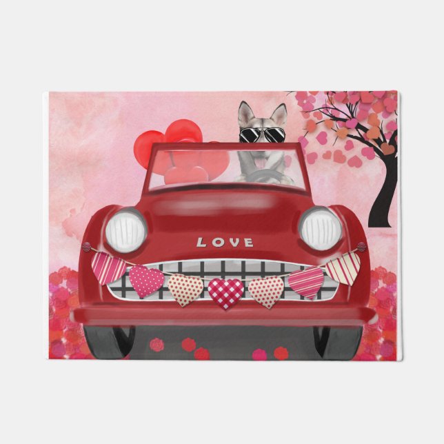 Siberian Husky Driving Car with Hearts Valentine's Doormat (Front)