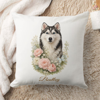 Siberian Husky Floral Portrait Cushion