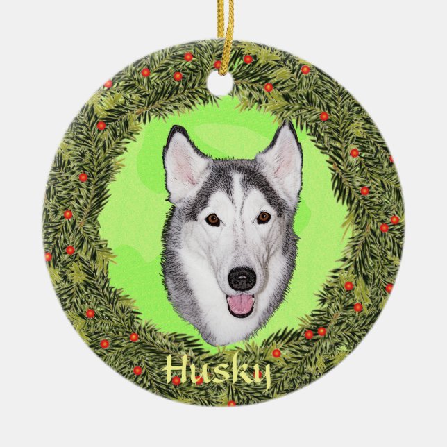 Siberian Husky For Xmas Ceramic Tree Decoration (Front)