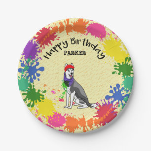 Siberian Husky Fun Paint Splash Art Party  Paper Plate