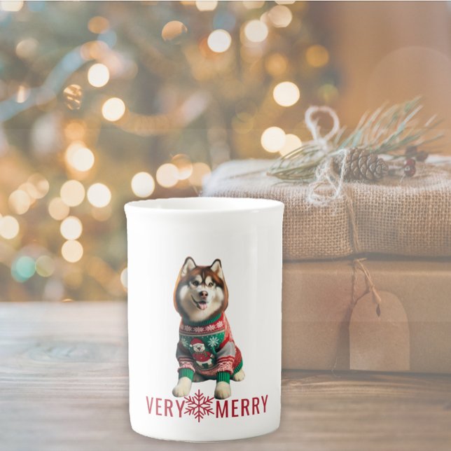 Siberian Husky Holiday Bone China Mug (The front of the Siberian Husky dog holiday mug)