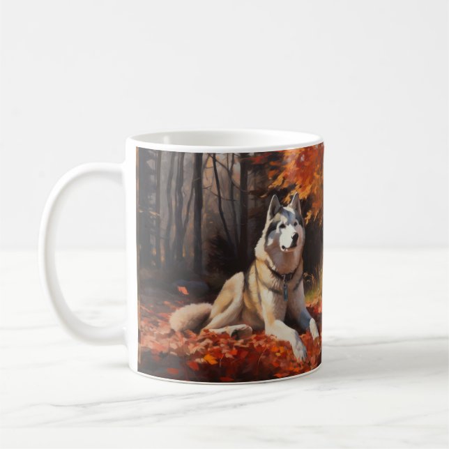 Siberian Husky in Autumn Leaves Fall Inspire  Coffee Mug (Left)