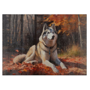 Siberian Husky in Autumn Leaves Fall Inspire Cutting Board