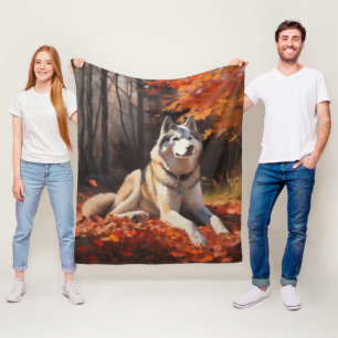 Siberian Husky in Autumn Leaves Fall Inspire Fleece Blanket