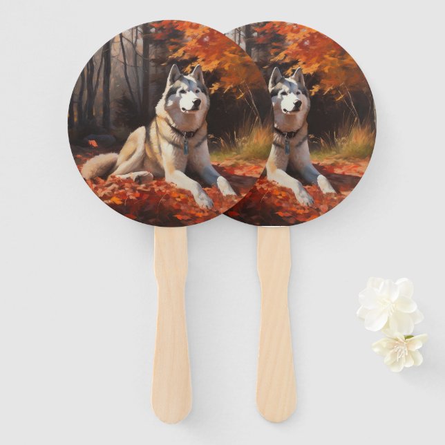 Siberian Husky in Autumn Leaves Fall Inspire  Hand Fan (Front and Back)