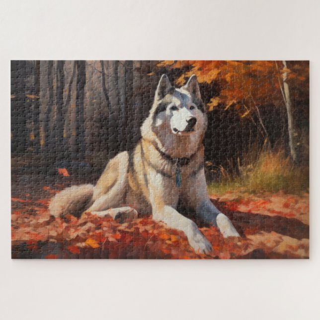 Siberian Husky in Autumn Leaves Fall Inspire  Jigsaw Puzzle (Horizontal)