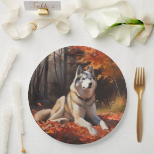 Siberian Husky in Autumn Leaves Fall Inspire Paper Plate