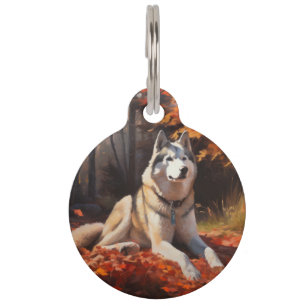 Siberian Husky in Autumn Leaves Fall Inspire Pet Tag