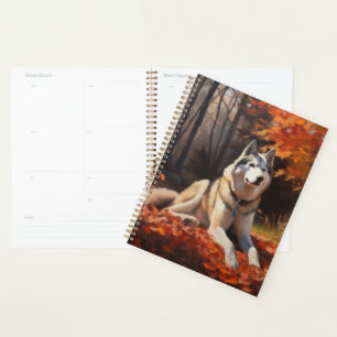 Siberian Husky in Autumn Leaves Fall Inspire  Planner