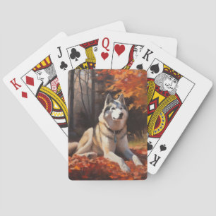 Siberian Husky in Autumn Leaves Fall Inspire Playing Cards