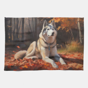 Siberian Husky in Autumn Leaves Fall Inspire  Tea Towel
