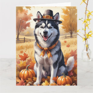 Siberian Husky In Autumn Leaves Thanksgiving Art  Card