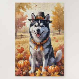 Siberian Husky In Autumn Leaves Thanksgiving Art  Jigsaw Puzzle