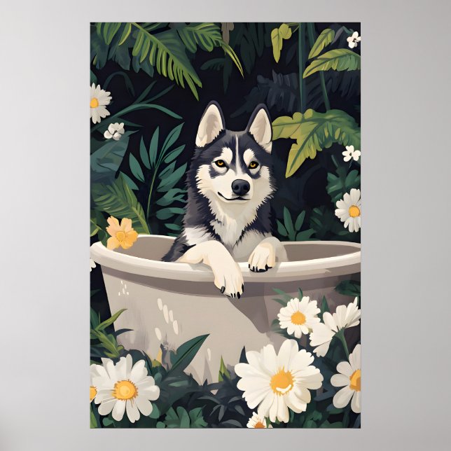 Siberian Husky In Bathtub Poster, Funny Dog Poster (Front)
