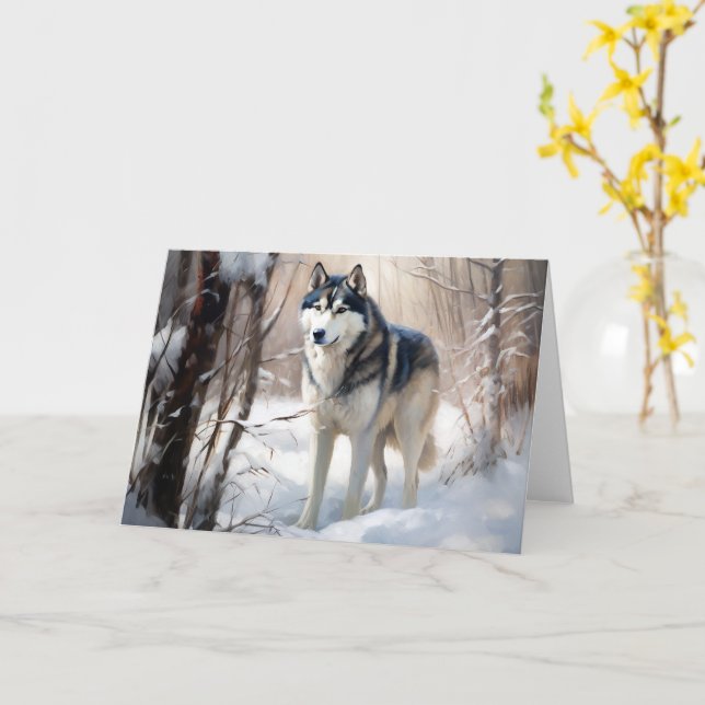 Siberian Husky Let It Snow Christmas Card (Yellow Flower)