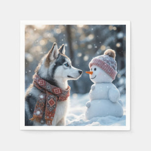 Siberian Husky Looking At a Snowman Napkin