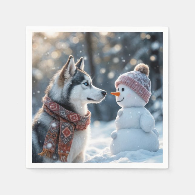Siberian Husky Looking At a Snowman Napkin (Front)