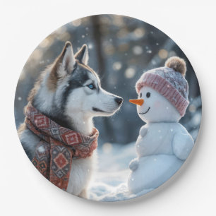 Siberian Husky Looking At a Snowman Paper Plate