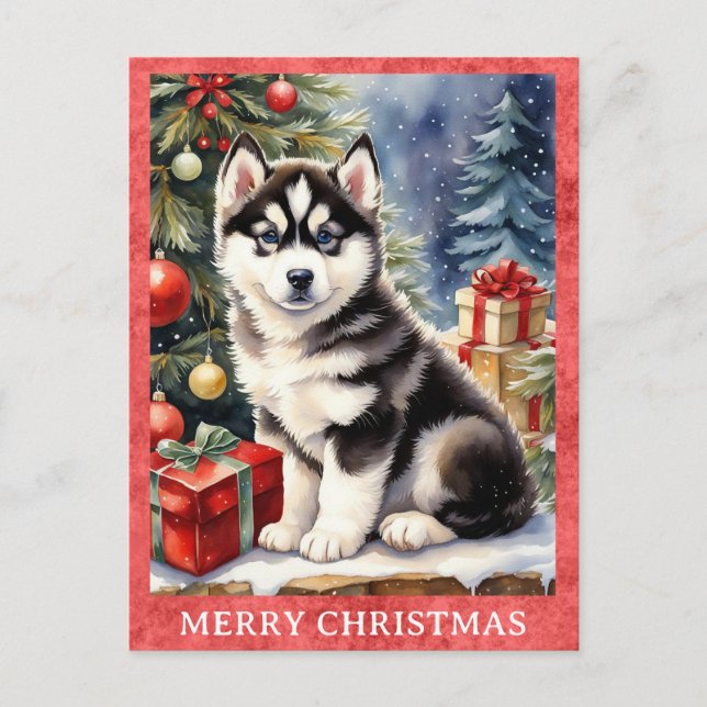Siberian Husky Merry Christmas Cute Puppy Dog Pos Postcard (Front)