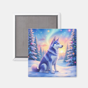 Siberian Husky Northern Lights Christmas Winter Magnet